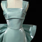 Simple Satin Bow Tie Green Long Prom Dress, Green Long Formal Dress       fg6091