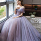 Purple A-Line Off Shoulder Tulle Beading Long Prom Dress    fg6712