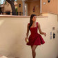 Robe courte rouge vin à col carré, robe de soirée sexy taille haute, robe de soirée fg6010