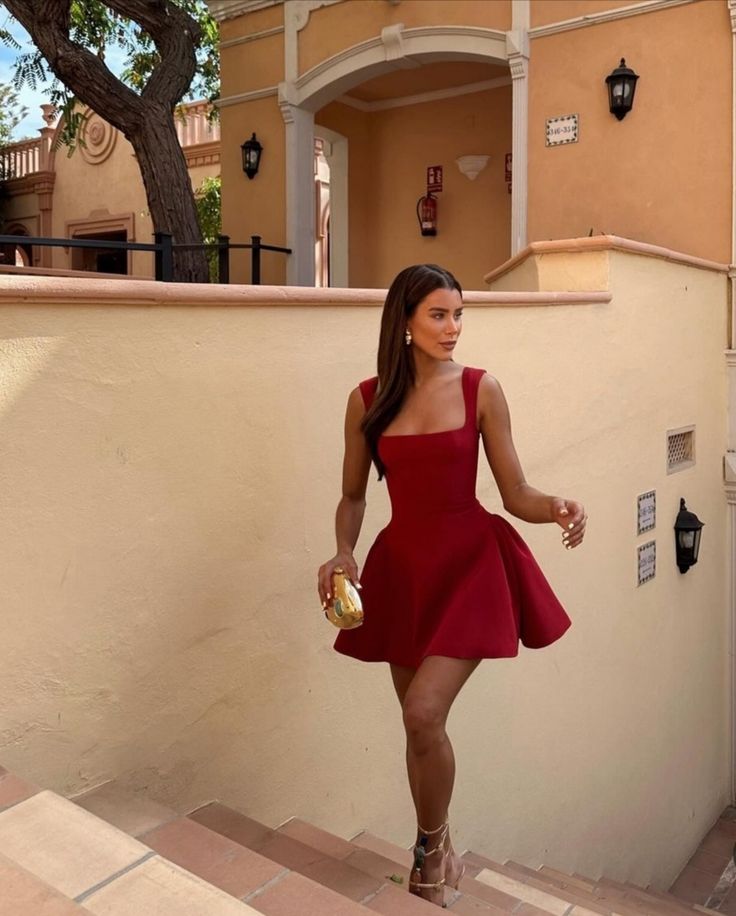 Robe courte rouge vin à col carré, robe de soirée sexy taille haute, robe de soirée fg6010