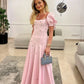 Pink Elegant Short Sleeves Prom Dress Evening Gown   fg7614