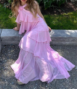 Halter Sleeveless 3D Flower High Side Slit and Train Prom Dress WU1038
