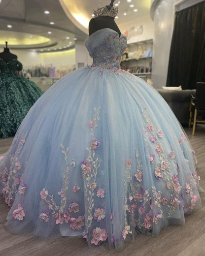 Light Blue Puffy Ball Gown Quinceanera Dresses Off Shoulder Flower Cor – formalgowns