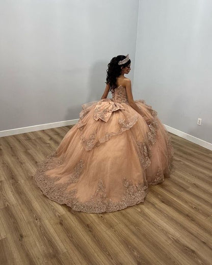 brown quinceanera dresses Champagne Shiny Off The Shoulder Ball Gown Quinceanera Dress Appliques Lace Beaded Birthday Party Gowns Sweet 16 vestidos fg5679