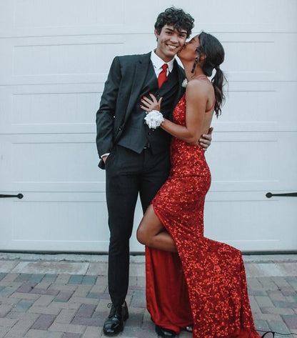 Langes rotes Ballkleid mit Pailletten, Abendkleid fg6659