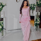 Classy Pink Square Neckline Evening Dress with Long Sleeves   fg7554