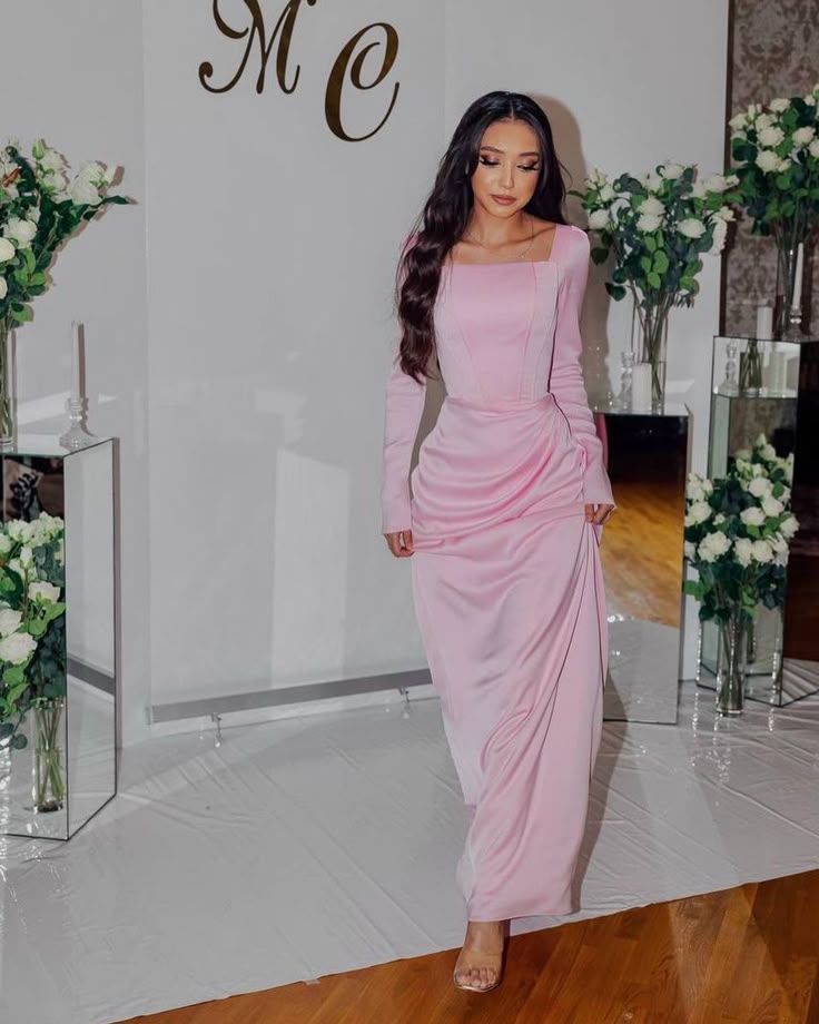 Classy Pink Square Neckline Evening Dress with Long Sleeves   fg7554