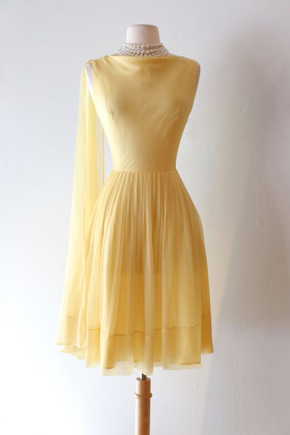 Chiffon Party Dress Vintage 60s Pale Yellow Cocktail Dress With Traili – formalgowns