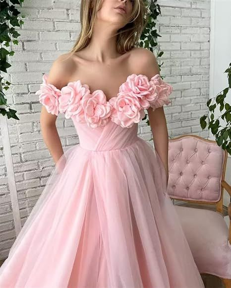 Pink Floral Prom Dresses, Off The Shoulder Evening Gown, Tulle Long Prom Dress  fg4679