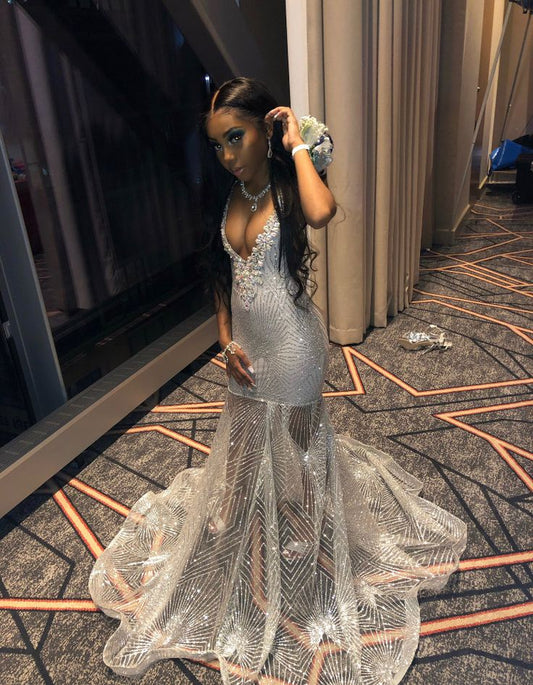 Mermaid Silver Sexy V Neck Prom Party Dress Long Evening Dress   fg8098