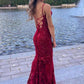 Burgundy Mermaid Lace Sequins Prom Dress Formal Wear Dresses    fg6922