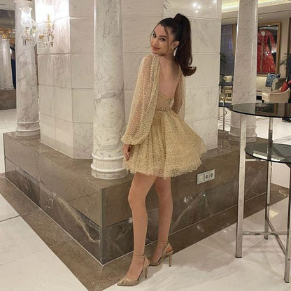 Sparkly Gold Short Homecoming Dresses Mini Skirt Puff Long Sleeves Sho formalgowns Sparkly Gold Short Homecoming Dresses Mini Skirt Puff Long Sleeves Sho formalgowns