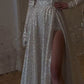 Modest a Line Strapless Sequin Long Prom Dress Slit Evening Dresses With Gloves       fg6493