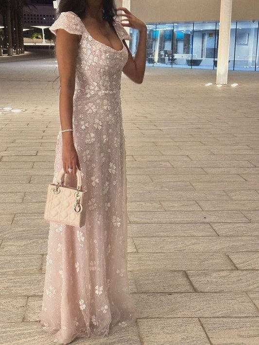 Pink Cap Sleeves Elegant Long Evening Dress Prom Dresses    fg7795