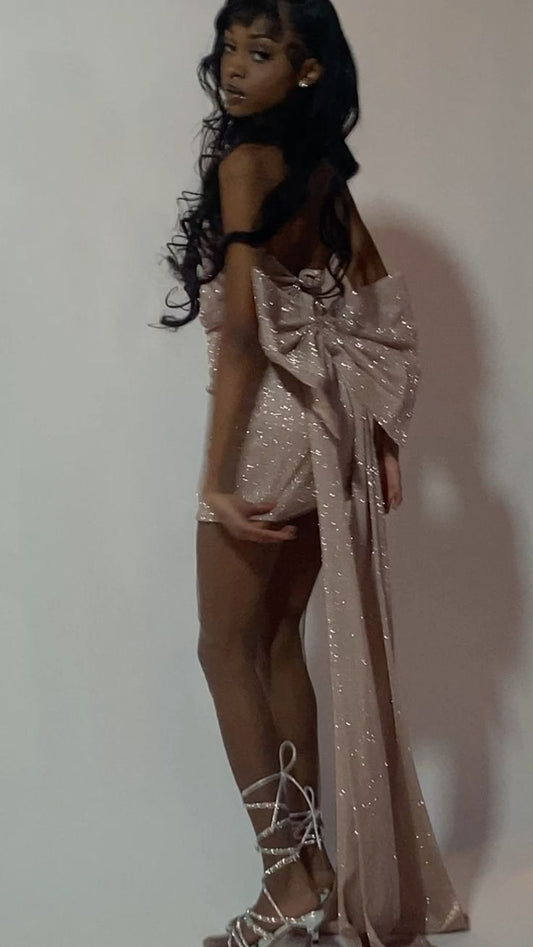 Robe de soirée courte scintillante avec nœud, robe de cocktail, fg7969