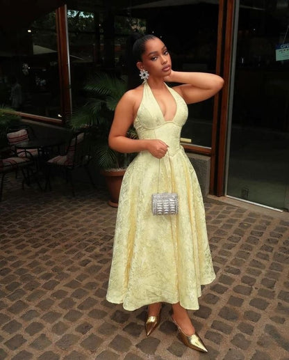 Yellow Halter Formal Dress Party Dress Long Evening Dress Prom Dresses    fg7820
