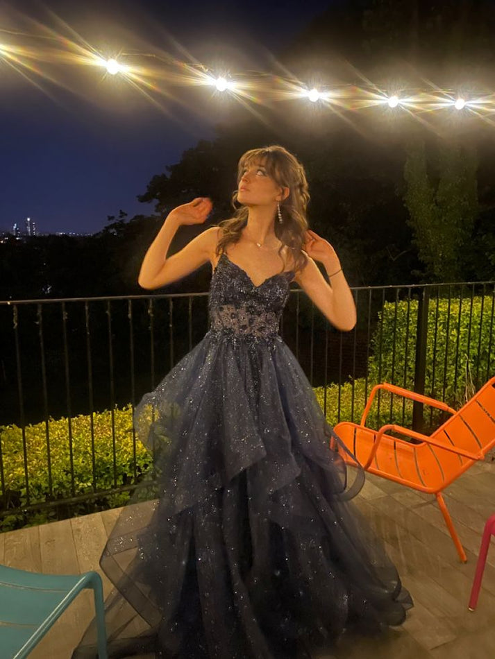 Cute Shiny Tulle Long Formal Prom Dress, A-Line Short Sleeve Evening Party Dress main image 1
