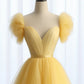 Robe de bal longue jaune en tulle à col en cœur et coupe trapèze, robe de soirée longue jaune fg5440