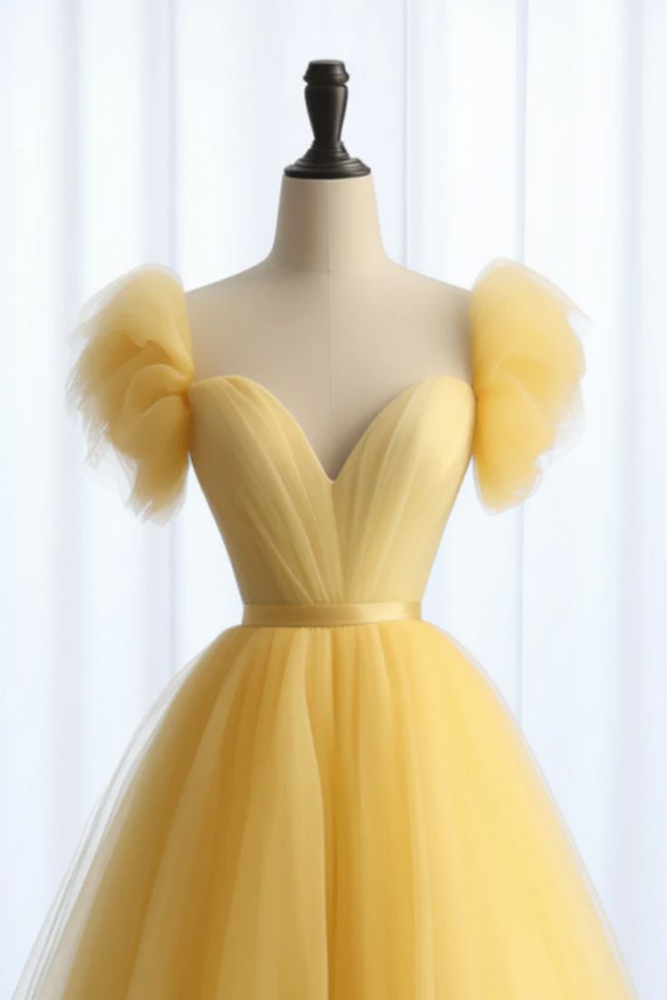 Robe de bal longue jaune en tulle à col en cœur et coupe trapèze, robe de soirée longue jaune fg5440