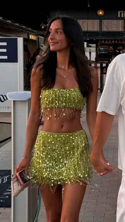Fashion Sequin Tassel Green Two Piece Short Evening Dress Cocktail Dresses Short Party Dress   fg7964