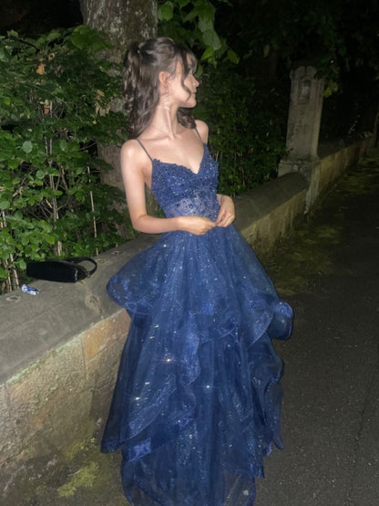 A Line Blue Shinny Tulle Party Dress Long Evening Dress Vintage Prom Dress fg8153