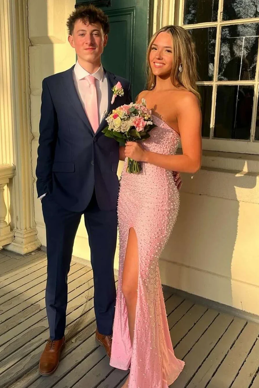 Robe de bal longue sirène rose sans bretelles, avec fente latérale et perles, fg8304