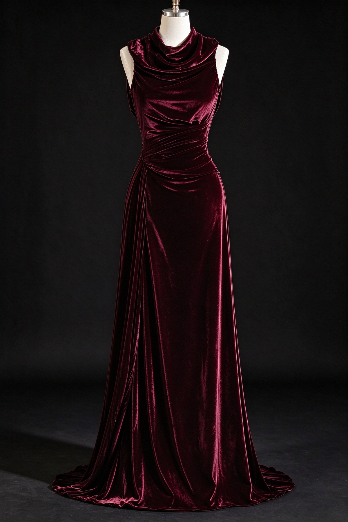 Burgundy Velvet Mermaid Evening Gown, Sleeveless Cowl Neck, Ruched Waist With Sweep Train,fg9003