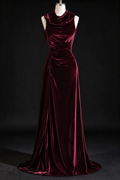 Burgundy Velvet Mermaid Evening Gown, Sleeveless Cowl Neck, Ruched Waist With Sweep Train,fg9003
