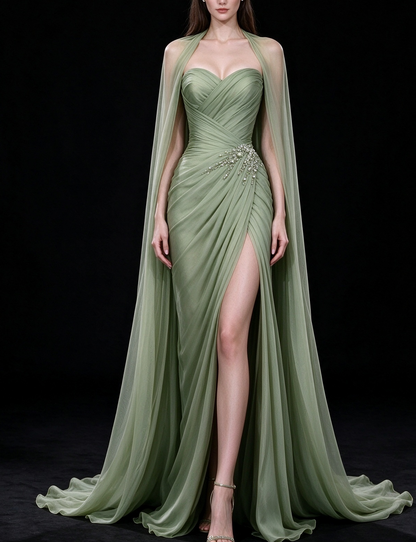 Sage Green Sweetheart Cape Sleeve Beaded Slit Mermaid Evening Gown fg9070