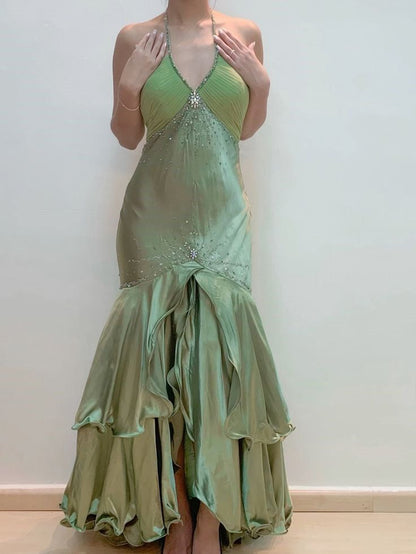 Robe de soirée longue verte vintage ornée de perles fg6745