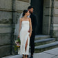 Simple Strapless Sleeveless Satin Sheath Midi Wedding Dress With Slit    fg6333