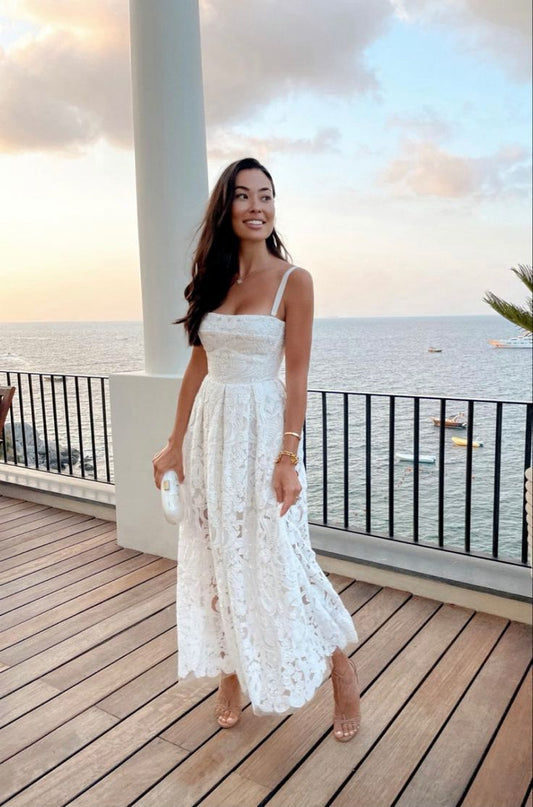 Robe de soirée blanche trapèze en dentelle à bretelles, robe de bal fg7848
