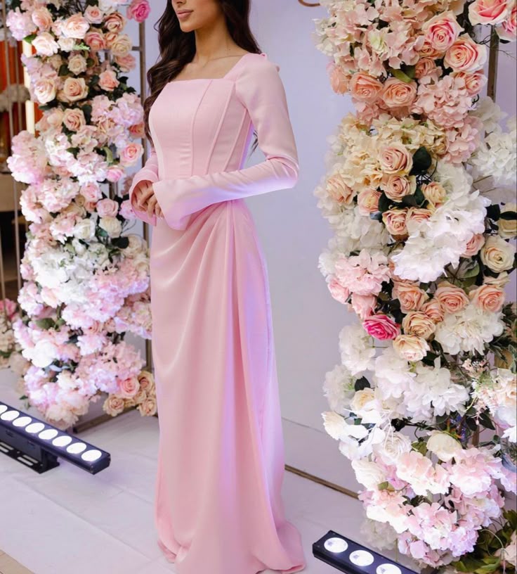 Classy Pink Square Neckline Evening Dress with Long Sleeves   fg7554