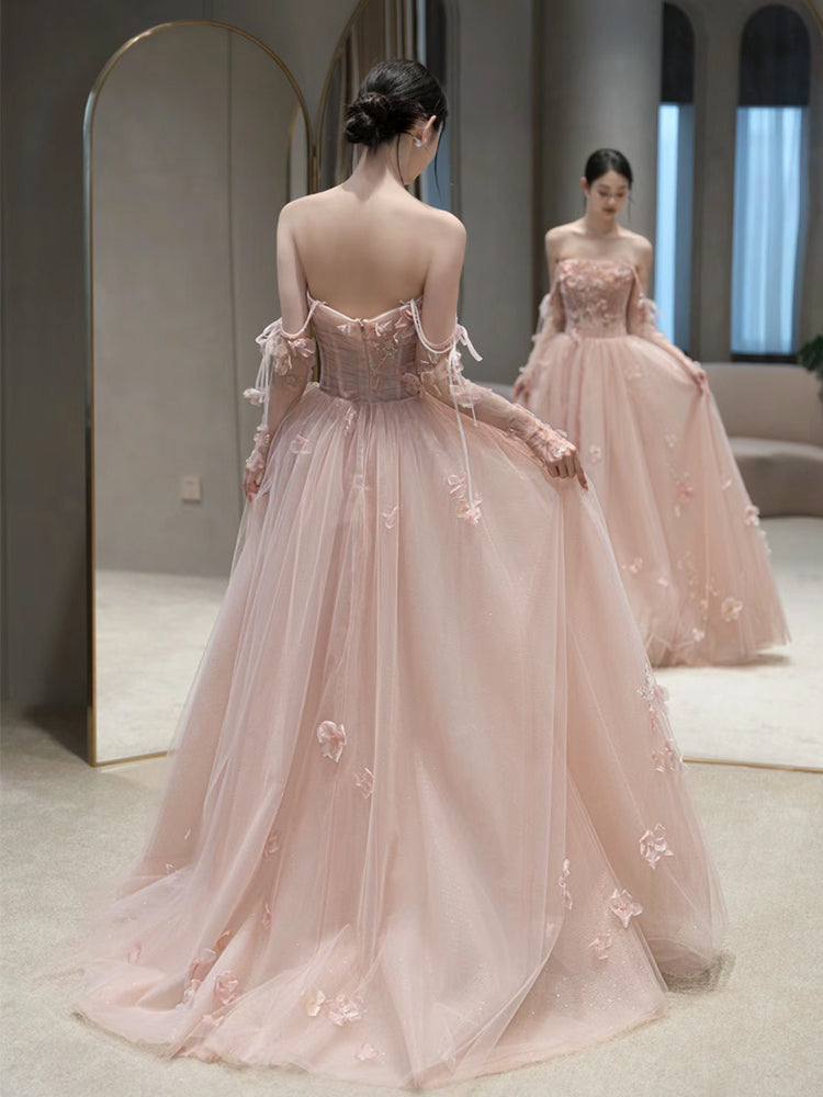A Line Pink Long Formal Dress Tulle Evening Dresses     fg7673