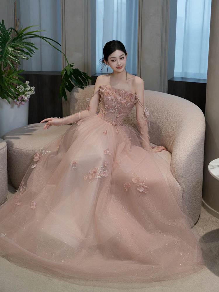 A Line Pink Long Formal Dress Tulle Evening Dresses     fg7673