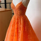 Robe de bal longue orange à bretelles en dentelle et tulle fg6486