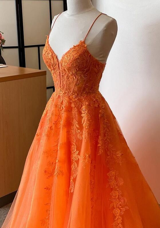 Robe de bal longue orange à bretelles en dentelle et tulle fg6486