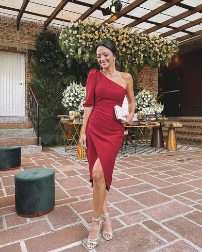 red one shoulder cocktail dresses Elianna One Shoulder Satin Maxi Dress