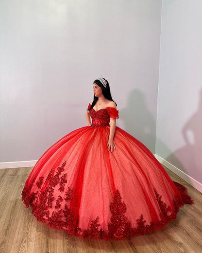 Red Off The Shoulder Ball Gown,Red Sweet 16 Dress,Princess Dress fg5629