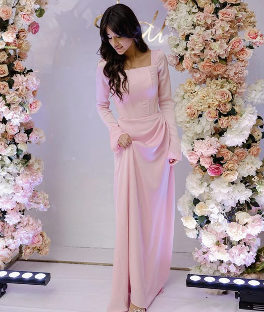 Classy Pink Square Neckline Evening Dress with Long Sleeves   fg7554
