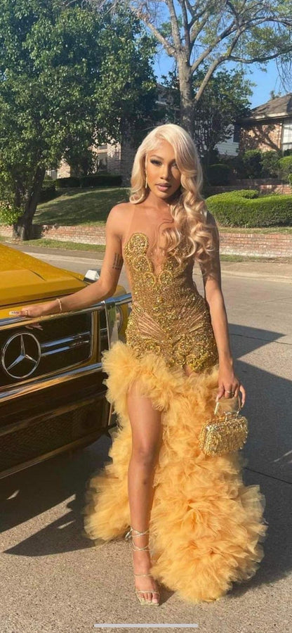 Robe de bal dorée, robe de soirée formelle, fg7449