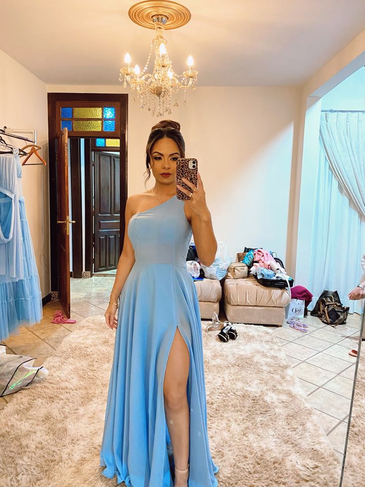 Elegant One Shoulder Blue Prom Dress With Slit,Blue Bridesmaid Dress f