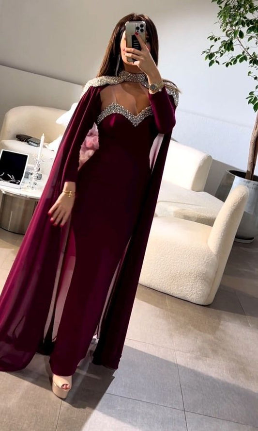 Elegante Ballkleider aus dem Nahen Osten mit Chiffon-Cape, Spaghettiträgern, langen Ärmeln, Abendkleider, Partykleid für formelle Anlässe, fg6411