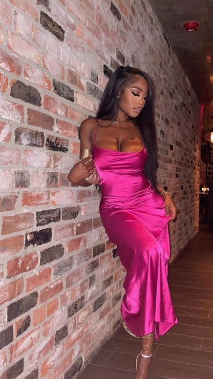 hot pink simple prom dress Pink Prom Dress Bright Pink Party Dress Neon Pink Prom Dress Simple A Line Satin Split