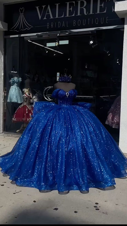 Royal Blue Quinceanera Dresses Off the Shoulder Shinny Tull Sweet 16 V formalgowns Royal Blue Quinceanera Dresses Off the Shoulder Shinny Tull Sweet 16 V formalgowns
