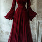 Modest V Neck A-Line Burgundy Chiffon Vintage Long Evening Party Dresses    fg7691