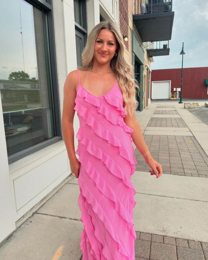 Pink Chiffon Ruffle Party Dress Long Prom Dress fg6396 – formalgowns
