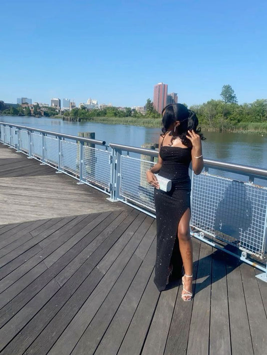 Schwarzes glänzendes Ballkleid, Abendpartykleid mit Schlitz fg6526