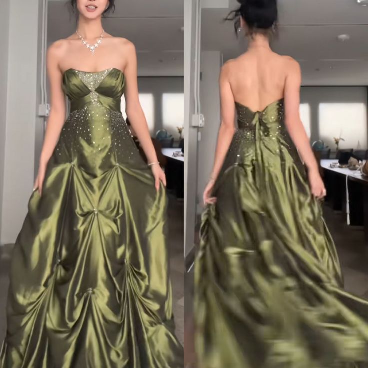 Langes grünes ärmelloses Partykleid aus Satin, formelles Kleid, fg5957