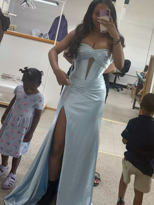 Mermaid Blue Strapless Prom Party Dress Long Evening Dress   fg8096